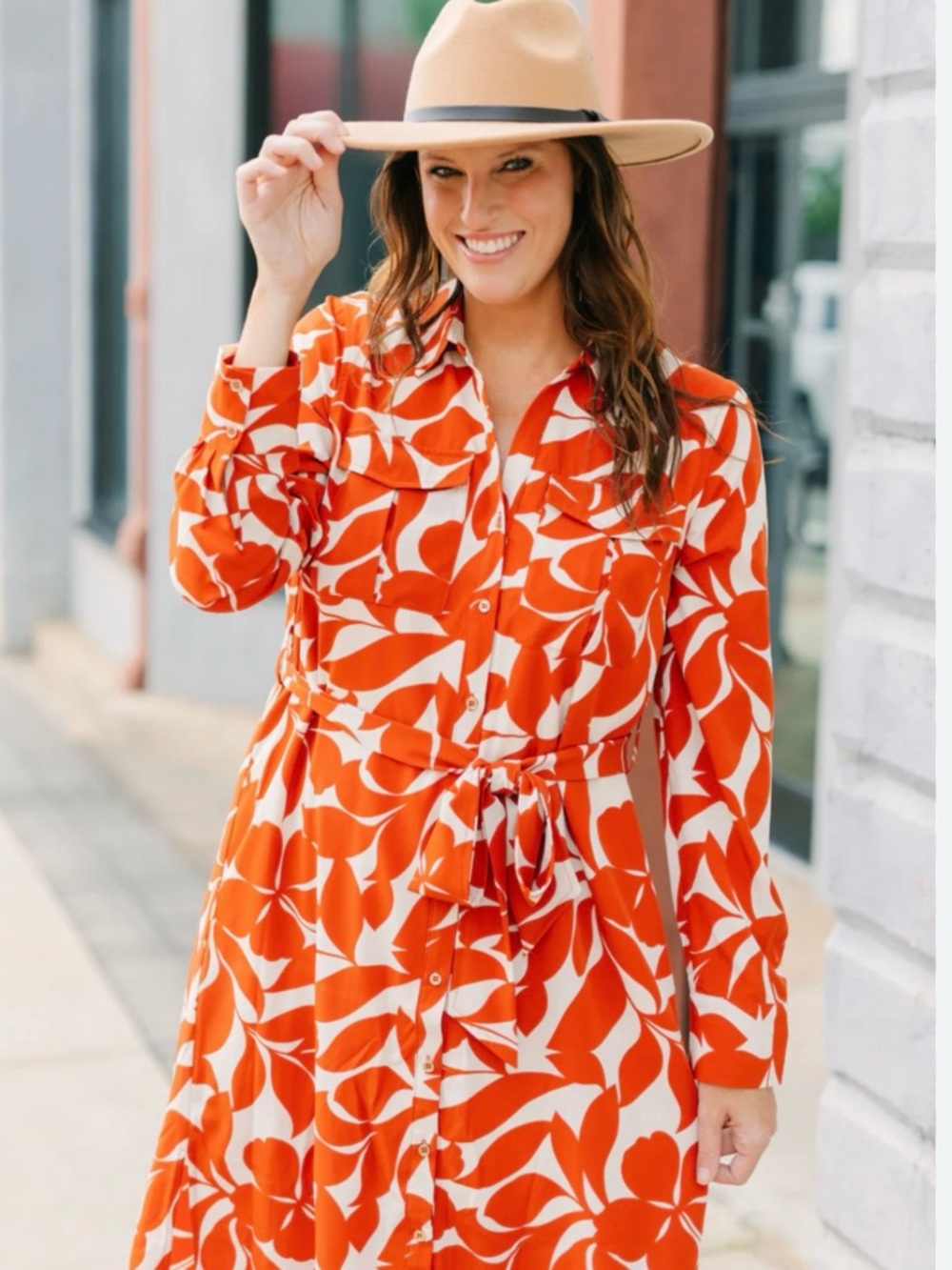MSK Orange and White Floral belted Button-Front Dress size XL